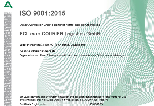 Zertifikat des Qualitätsmanagementsystems nach DIN ISO 9001