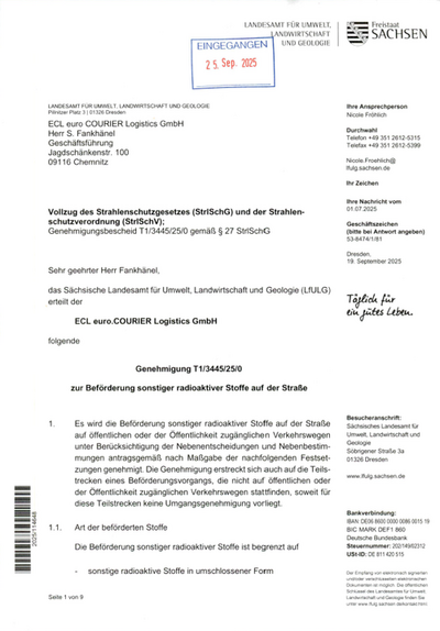 Genehmigung T1/3445/25/0 zur Beförderung sonstiger radioaktiver Stoffe auf der Straße