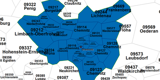 Liefergebiet für Stadtkurier im Raum Chemnitz von ECL euro.COURIER. Die Karte zeigt die Postleitzahlen PLZ des Liefergebietes.
