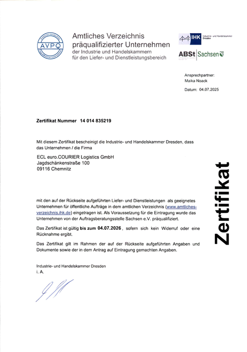 Amtliches Verzeichnis präqualifizierter Unternehmen für die Auftragsvergabe von öffentlichen Aufträgen.